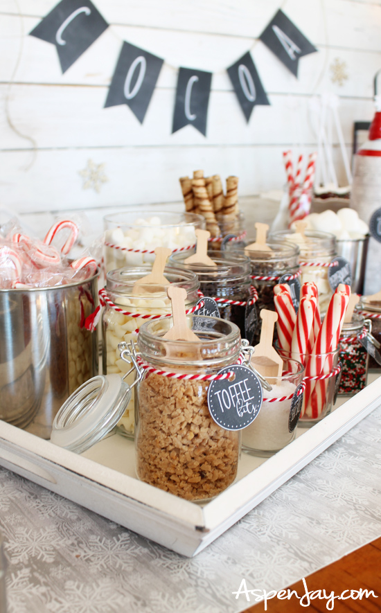 Hot cocoa bars are a great addition to any winter-themed party.