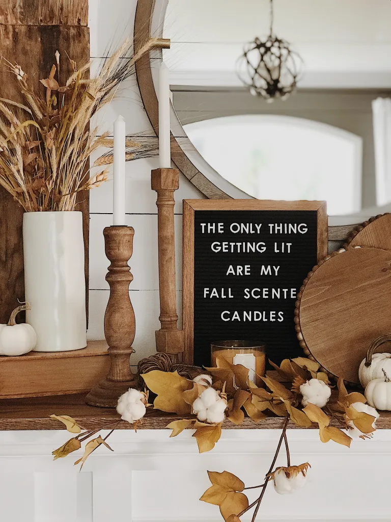 This fall mantel idea is a clever way to enjoy your favorite fall scented candle and make your guests laugh. 